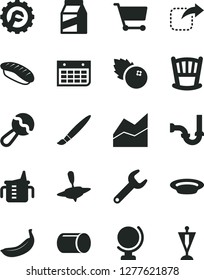 Solid Black Vector Icon Set - tassel vector, line chart, cradle, measuring cup for feeding, beanbag, small yule, sewerage, star gear, globe, package, move right, plate, japanese sushi, blueberries