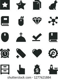 Solid Black Vector Icon Set - alarm clock vector, clean paper, add label, e, star gear, heart, index finger, nightstand, mouse, molecule, book, diamond, vote check, money bag, crown with cross, pets