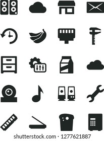 Solid Black Vector Icon Set - nightstand vector, package, Easter cake, bananas, calipers, stall, memory, web camera, scanner, pc speaker, lan connector, note, mail, repair, history, settings, cloud