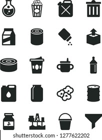 Solid Black Vector Icon Set - bin vector, mug for feeding, measuring bottle, baby powder, bucket, package, unpacking, canned goods, tin, popcorn, cup of, coffe to go, jar jam, commercial seaport