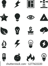 Solid Black Vector Icon Set - lightning vector, matte light bulb, window, star, eye, storm cloud, leaf, mercury, lighthouse, electricity, flame, flag on moon, dollar column, idea