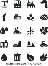 Solid Black Vector Icon Set - bin vector, drop, apple stub, working oil derrick, leaves, leaf, manufacture, hydroelectric station, hydroelectricity, forest, industrial building, thermal power plant