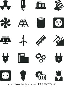 Solid Black Vector Icon Set - ladder vector, power socket type f, marine propeller, solar panel, coal mining, modern gas station, windmill, barrel, light bulb, hydroelectric, plug, electric, mercury