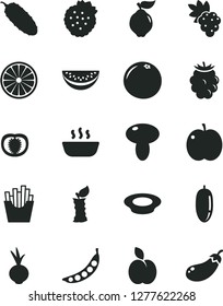 Solid Black Vector Icon Set - mushroom vector, hot porridge, a plate of milk, cucumber, beet, French fries, strawberries, apple, grape, quince, blackberry, water melon slice, date fruit, half orange