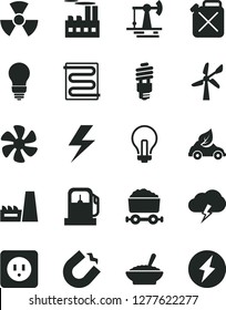 Solid Black Vector Icon Set - lightning vector, incandescent lamp, bulb, power socket type b, heating coil, storm cloud, a bowl of buckwheat porridge, marine propeller, working oil derrick, canister