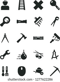 Solid Black Vector Icon Set - cross vector, iron fork spoons, big core, garden trolley, adjustable wrench, paint roller, stepladder, construction level, building, spatula, hammer with claw, key