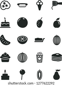 Solid Black Vector Icon Set - cake vector, mini hot dog, noodles, muffin, slice, birthday, Chupa Chups, cup of popcorn, cone, omelette, pancakes, tasty mulberry, melon, water, tangerine, guava, half