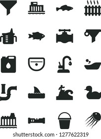 Solid Black Vector Icon Set - measuring cup for feeding vector, rubber duck, children's bathroom, bucket, sink, construction level, kitchen faucet, small fish, valve, water pipes, hydroelectricity