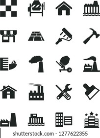 Solid Black Vector Icon Set - house vector, concrete mixer, small tools, paint roller, city block, tile, putty knife, paving slab, hammer with claw, kiosk, manufacture, factory, hydroelectricity