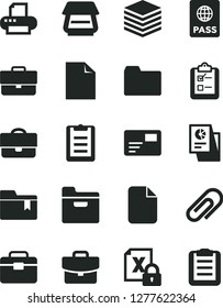 Solid Black Vector Icon Set - clip vector, briefcase, clean sheet of paper, folder, bookmark, portfolio, passport, pile, suitcase, pass card, survey, statistical research, encrypting, printer, file