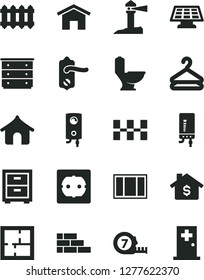Solid Black Vector Icon Set - bedside table vector, chest of drawers, brick wall, window frame, long meashuring tape, toilet, laying out, power socket type f, door knob, ceramic tiles, new radiator
