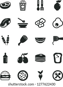 Solid Black Vector Icon Set - measuring bottle for feeding vector, plates and spoons, iron fork, fried vegetables on sticks, pizza, burger, noodles, chicken thigh, bacon, sushi, popcorn, cup of, egg
