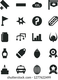 Solid Black Vector Icon Set - add bookmark vector, minus, pennant, negative histogram, question, toys over the cot, car, label, Hot Dog, birthday cake, bottle, melon, tamarillo, physalis, CO2, jar