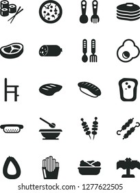 Solid Black Vector Icon Set - plates and spoons vector, a chair for feeding, plastic fork, iron, sausage, stick of, fried vegetables on sticks, pizza, mini hot dog, lettuce in plate, bacon, chop