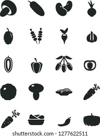 Solid Black Vector Icon Set - fried vegetables on sticks vector, slices of onion, mushroom, porcini, lettuce in a plate, cabbage, cucumber, beet, carrot, mulberry, goji berry, sweet date fruit, red
