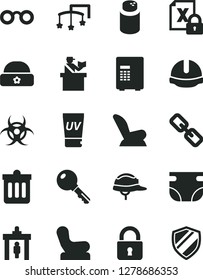 Solid Black Vector Icon Set - spectacles vector, toys over the cot, nappy, powder, Baby chair, car child seat, warm hat, construction helmet, dust bin, lock, key, encrypting, glasses, biohazard