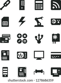Solid Black Vector Icon Set - lightning vector, monitor, bank card, calculator, rss feed, electronic thermometer e, cards, math actions, assembly robot, SIM, pc power supply, tower, motherboard, usb