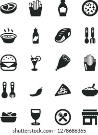 Solid Black Vector Icon Set - plastic fork spoons vector, iron, pizza, piece of, big burger, a bowl rice porridge, in saucepan, lettuce plate, grill chicken leg, bacon, French fries, sushi, glass