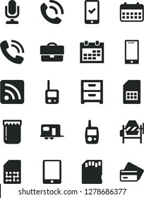 Solid Black Vector Icon Set - desktop microphone vector, calendar, rss feed, toy phone, mobile, concrete mixer, smartphone, nightstand, call, jam, SIM card, portfolio, tablet pc, sd, camper, credit