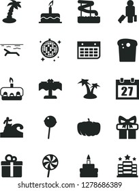 Solid Black Vector Icon Set - daily calendar vector, cake, gift, Easter, torte, birthday, Chupa Chups, lollipop, pumpkin, wall, passenger, beach, palm tree, disco ball, aquapark, restaurant, surfing