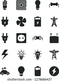 Solid Black Vector Icon Set - lightning vector, matte light bulb, fan screw, charge level, charging battery, accumulator, power line, pole, plug, electric, socket, energy saving, car, processor