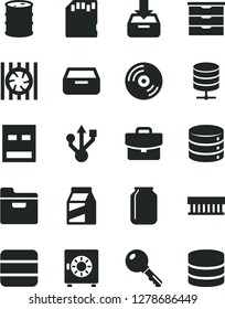 Solid Black Vector Icon Set - storage unit vector, key, CD, big data, server, folder, suitcase, put in a box, drawer, strongbox, package, barrel, jar, radiator fan, usb, sd card