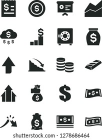 Solid Black Vector Icon Set - upward direction vector, dollar, line chart, strongbox, coins, recession, a crisis, article on the, money, cash, financial report, growth arrows, gold bar, bag hand