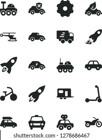 Solid Black Vector Icon Set - truck lorry vector, motor vehicle, present, tricycle, child Kick scooter, car, eco, electric transport, retro, autopilot, rocket, space, Express delivery, lunar rover