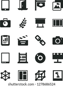 Solid Black Vector Icon Set - camera vector, spectacles, movie cracker, abacus, window, frame, picture, vintage sign, billboard with illumination, statistical report, tablet pc, 3d cube, exit door