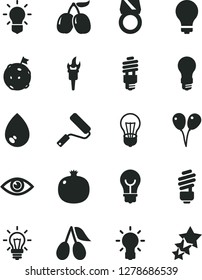 Solid Black Vector Icon Set - matte light bulb vector, colored air balloons, new roller, saving, eye, drop, pomegranate, cornels, tasty, energy, flame torch, flag on moon, gold ring, three stars