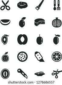 Solid Black Vector Icon Set - scissors vector, iron fork spoons, arm saw, knife, stationery, cheese, pizza, slices of onion, piece meat, half pomegranate, mango, peach, melon, passion fruit, lemon