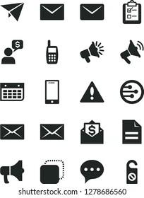 Solid Black Vector Icon Set - warning vector, envelope, scribbled paper, speech, smartphone, survey, megaphone, copy, loudspeaker, wall calendar, mobile phone, network, mail, plane, money, dialog