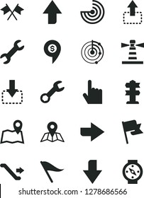 Solid Black Vector Icon Set - upward direction vector, downward, right, wind indicator, index finger, map, flag, move up, down, lighthouse, repair, radar, cross flags, dollar pin, escalator, compass