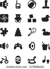 Solid Black Vector Icon Set - loudspeaker vector, rubber duck, baby duckling, bath ball, stacking rings, roly poly doll, toy phone, children's sand set, small teddy bear, rocking horse, Puzzle, golf