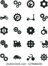 Solid Black Vector Icon Set - truck lorry vector, baby carriage, children's train, tricycle, Kick scooter, gears, cogwheel, gear, star, retro car, three, dollar, motorcycle, disabled, handwheel