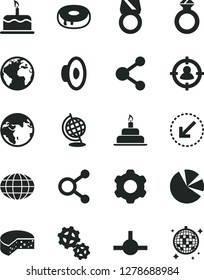Solid Black Vector Icon Set - sign of the planet vector, loudspeaker, birthday cake, cogwheel, left bottom arrow, cheese, with a hole, gears, connection, connections, man in sight, globe, pie charts