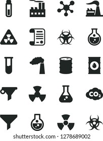 Solid Black Vector Icon Set - round flask vector, manufacture, factory, oil, barrel, industrial building, radiation, carbon dyoxide, filter, water, research article, test tube, molecule, nuclear