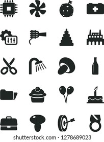 Solid Black Vector Icon Set - scissors vector, stacking toy, bag of a paramedic, colored air balloons, cake, shower, noodles, mushroom, porcini, muffin, marine propeller, industrial factory, cpu