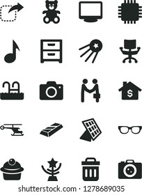 Solid Black Vector Icon Set - camera vector, teddy bear, nightstand, move right, muffin, cpu, monitor, trash bin, note, chair, glasses, sun panel, star cup, gold bar, mortgage, first satellite, pool