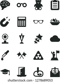 Solid Black Vector Icon Set - small teddy bear vector, a plate of fruit, cloud, glasses, nuclear, brain, pipette, magnet, graduate hat, clipboard, calculator, artifical insimination, cup, pennant