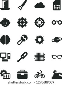 Solid Black Vector Icon Set - beanbag vector, electronic thermometer e, children's hairdo, hand saw, portfolio, gear, weaving, SIM, computer, settings, cloud, glasses, brain, saturn, aim, exit door