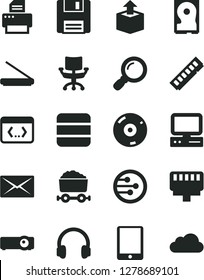 Solid Black Vector Icon Set - unpacking vector, trolley with coal, computer, tablet pc, memory, hdd, cd, printer, scanner, headphones, network, floppy, coding, lan connector, projector, magnifier