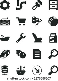 Solid Black Vector Icon Set - keyboard vector, beanbag, car child seat, bath ball, children's bathroom, big data server, nightstand, package, right bottom arrow, sushi set, blueberries, water pipes