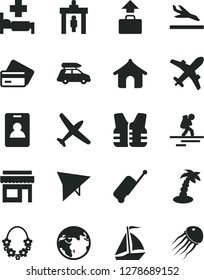 Solid Black Vector Icon Set - earth vector, plane, car baggage, sail boat, hang glider, backpacker, identity card, security gate, rolling case, arrival, credit, boungalow, palm tree, hawaii wreath