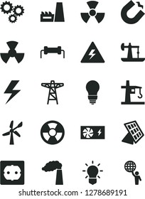 Solid Black Vector Icon Set - lightning vector, danger of electricity, bulb, power socket type f, oil derrick, wind energy, manufacture, pole, thermal plant, radiation, hazard, tower crane, nuclear