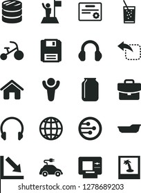Solid Black Vector Icon Set - negative chart vector, bath, tricycle, house, headphones, earth, suitcase, move left, a glass of soda, electric car, jar, column coins, network, floppy, winner, atm