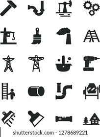 Solid Black Vector Icon Set - concrete mixer vector, cordless drill, wooden paint brush, ladder, sewerage, construction level, putty knife, spatula, hammer, working oil derrick, water pipes, pole