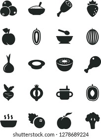 Solid Black Vector Icon Set - mug for feeding vector, deep plate with a spoon, bowl of rice porridge, hot, milk, chicken leg, thigh, blueberries, peach, ripe, raspberry, half medlar, melon, kiwi