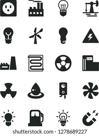 Solid Black Vector Icon Set - danger of electricity vector, heating coil, boiler, bulb, marine propeller, working oil derrick, gas station, modern, wind energy, light, socket, industrial building