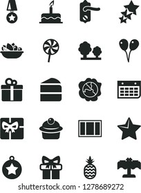 Solid Black Vector Icon Set - colored air balloons vector, cake, window frame, door knob, star, gift, muffin, piece of, a plate fruit, lollipop, pineapple, squash, trees, wall calendar, giftbox